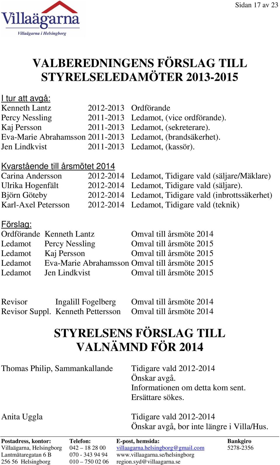 Kvarstående till årsmötet 2014 Carina Andersson 2012-2014 Ledamot, Tidigare vald (säljare/mäklare) Ulrika Hogenfält 2012-2014 Ledamot, Tidigare vald (säljare).