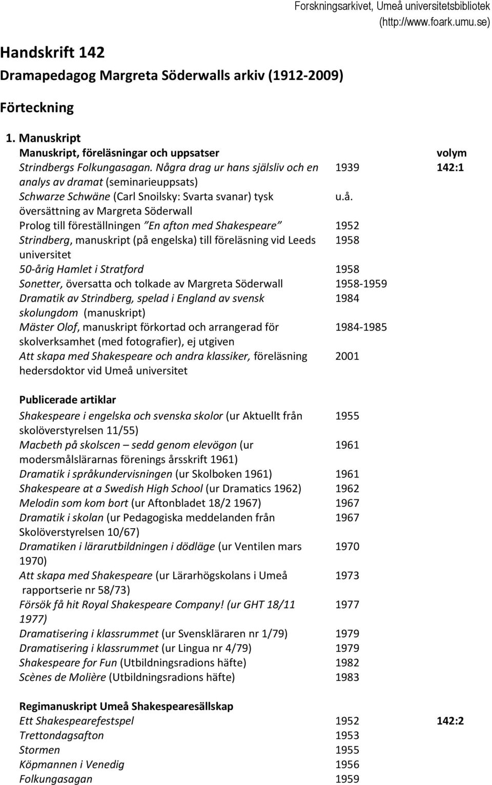 Några drag ur hans själsliv och en 1939 142:1 analys av dramat (seminarieuppsats) Schwarze Schwäne (Carl Snoilsky: Svarta svanar) tysk u.å. översättning av Margreta Söderwall Prolog till