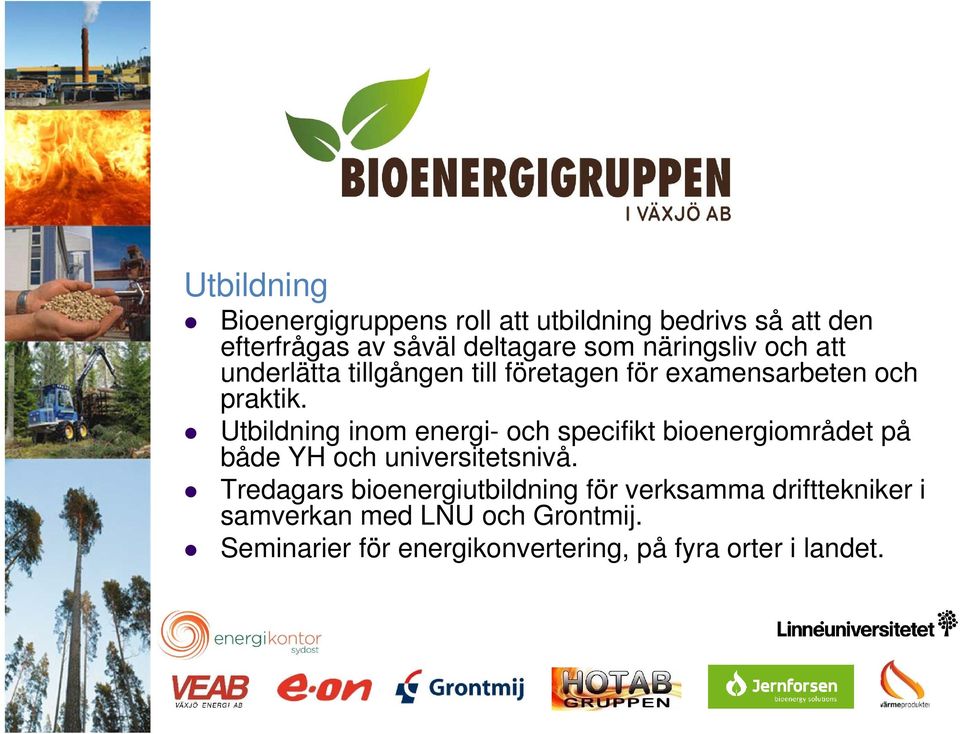 Utbildning inom energi- och specifikt bioenergiområdet på både YH och universitetsnivå.