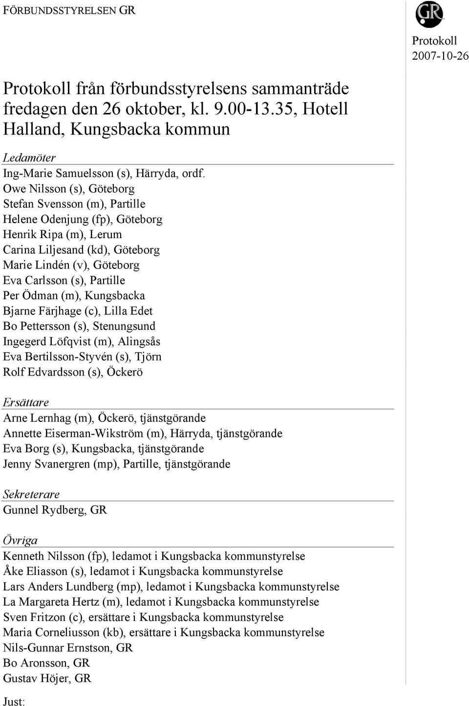 Ödman (m), Kungsbacka Bjarne Färjhage (c), Lilla Edet Bo Pettersson (s), Stenungsund Ingegerd Löfqvist (m), Alingsås Eva Bertilsson-Styvén (s), Tjörn Rolf Edvardsson (s), Öckerö Ersättare Arne