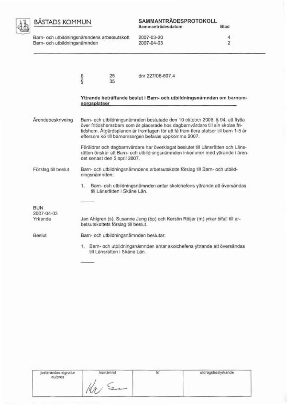 som är placerade hos dagbarnvårdare till sin skolas fritidshem. Atgärdsplanen är framtagen för att få fram flera platser till barn 1-5 år eftersom kö till barnomsorgen befaras uppkomma 2007.