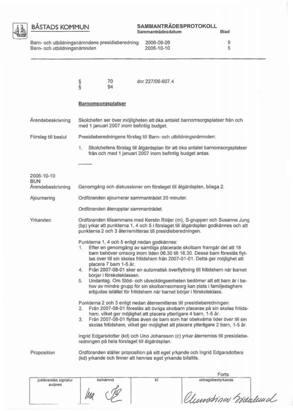 Presidieberedningens förslag till Barn- och utbildningsnämnden: 1. Skolchefens förslag till åtgärdsplan för att öka antalet barnomsorgsplatser från och med 1 januari 2007 inom befintlig budget antas.