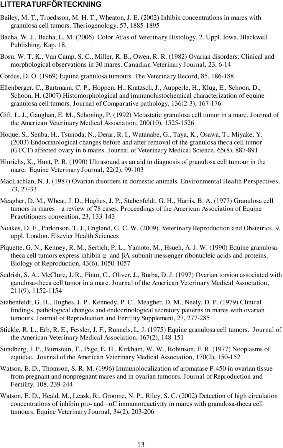 B., Owen, R. R. (1982) Ovarian disorders: Clinical and morphological observations in 30 mares. Canadian Veterinary Journal, 23, 6-14 Cordes, D. O. (1969) Equine granulosa tumours.