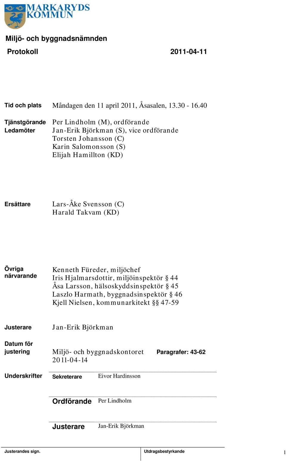 Lars-Åke Svensson (C) Harald Takvam (KD) Övriga närvarande Kenneth Füreder, miljöchef Iris Hjalmarsdottir, miljöinspektör 44 Åsa Larsson, hälsoskyddsinspektör 45 Laszlo Harmath,