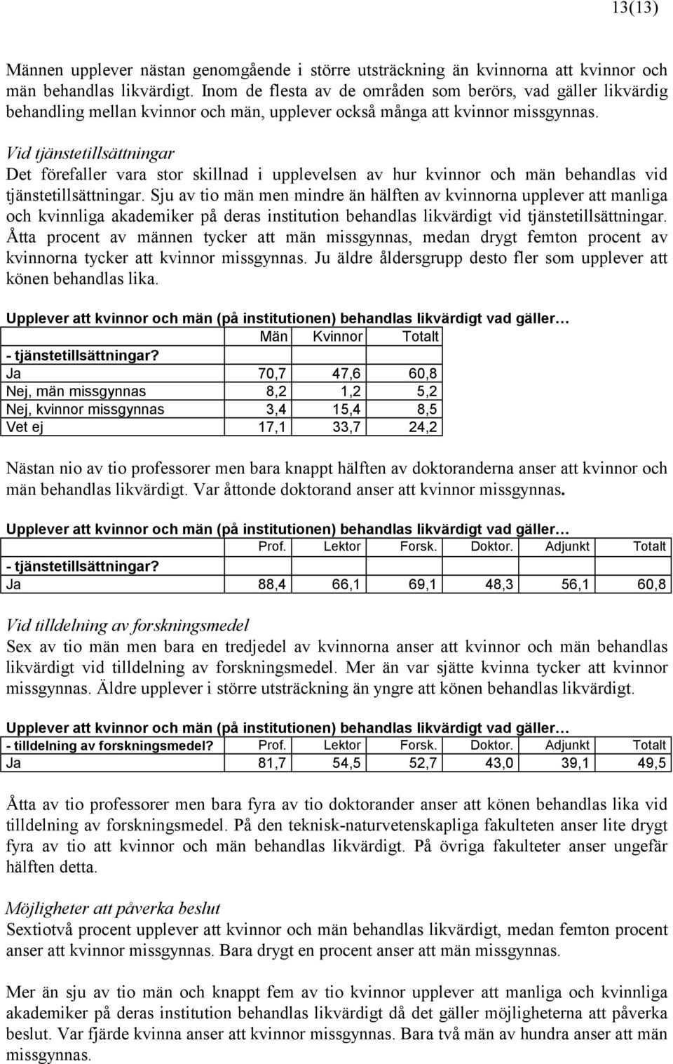 Vid tjänstetillsättningar Det förefaller vara stor skillnad i upplevelsen av hur kvinnor och män behandlas vid tjänstetillsättningar.