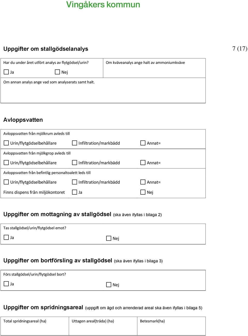 Annat= Avloppsvatten från befintlig personaltoalett leds till Urin/flytgödselbehållare Infiltration/markbädd Annat= Finns dispens från miljökontoret Uppgifter om mottagning av stallgödsel (ska även