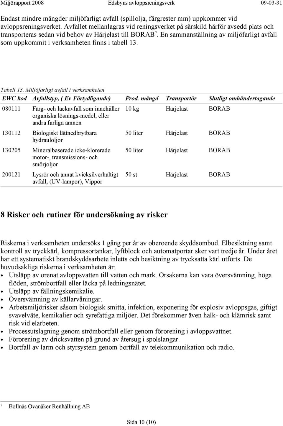 En sammanställning av miljöfarligt avfall som uppkommit i verksamheten finns i tabell 13. Tabell 13. Miljöfarligt avfall i verksamheten EWC kod Avfallstyp, ( Ev Förtydligande) Prod.