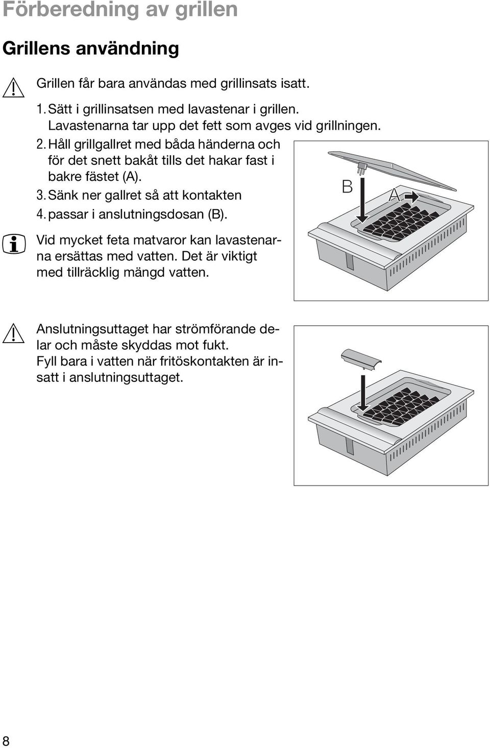 Håll grillgallret med båda händerna och för det snett bakåt tills det hakar fast i bakre fästet (A). 3.Sänk ner gallret så att kontakten 4.