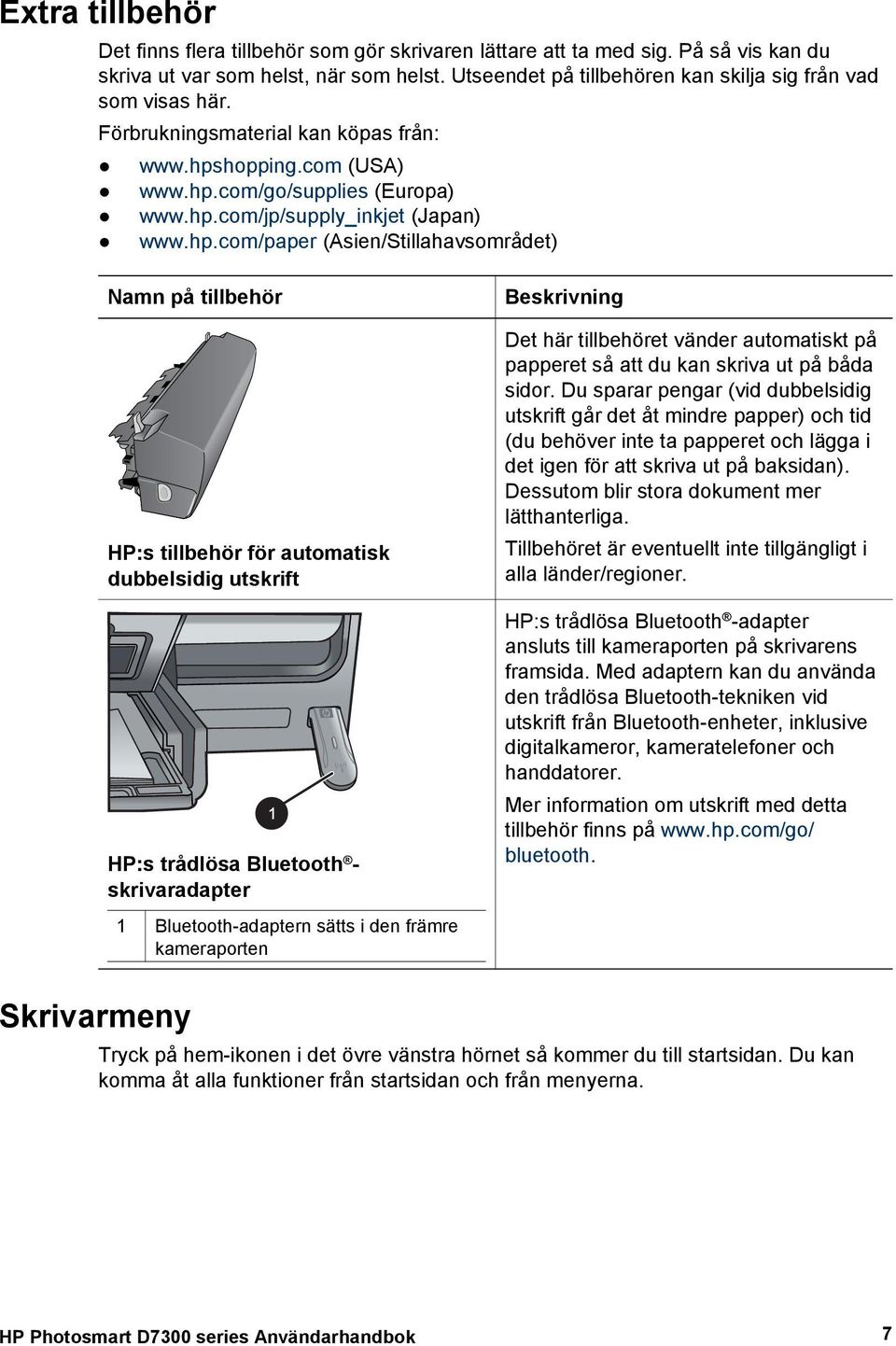 hp.com/paper (Asien/Stillahavsområdet) Namn på tillbehör HP:s tillbehör för automatisk dubbelsidig utskrift HP:s trådlösa Bluetooth - skrivaradapter 1 Bluetooth-adaptern sätts i den främre