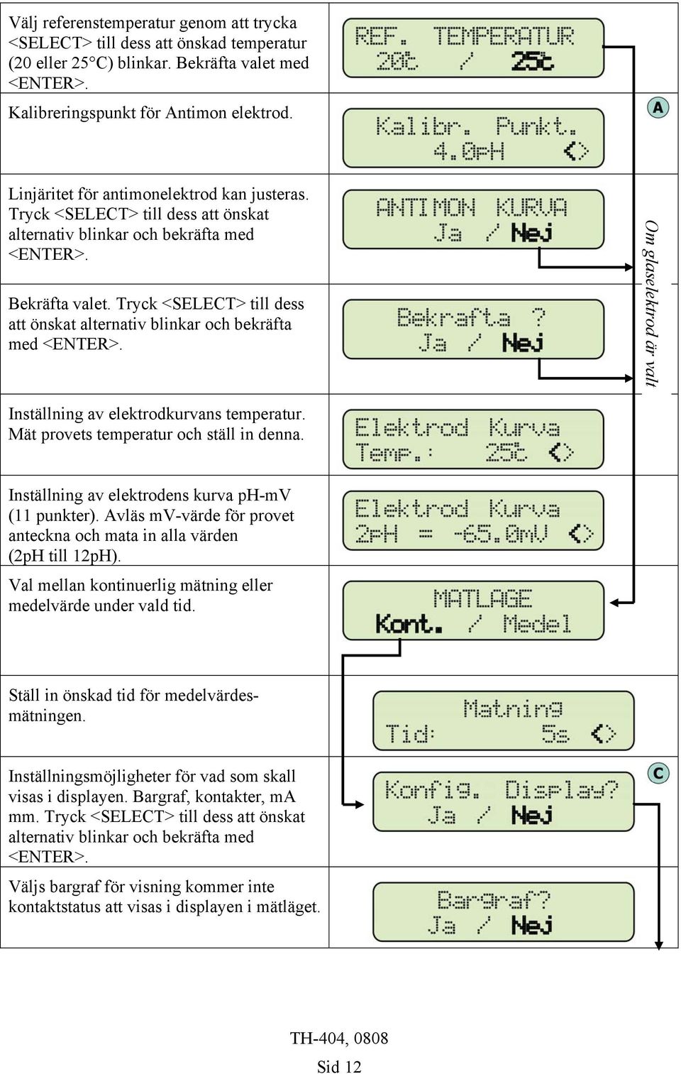 Tryck <SELECT> till dess att önskat alternativ blinkar och bekräfta med <ENTER>. Om glaselektrod är valt Inställning av elektrodkurvans temperatur. Mät provets temperatur och ställ in denna.