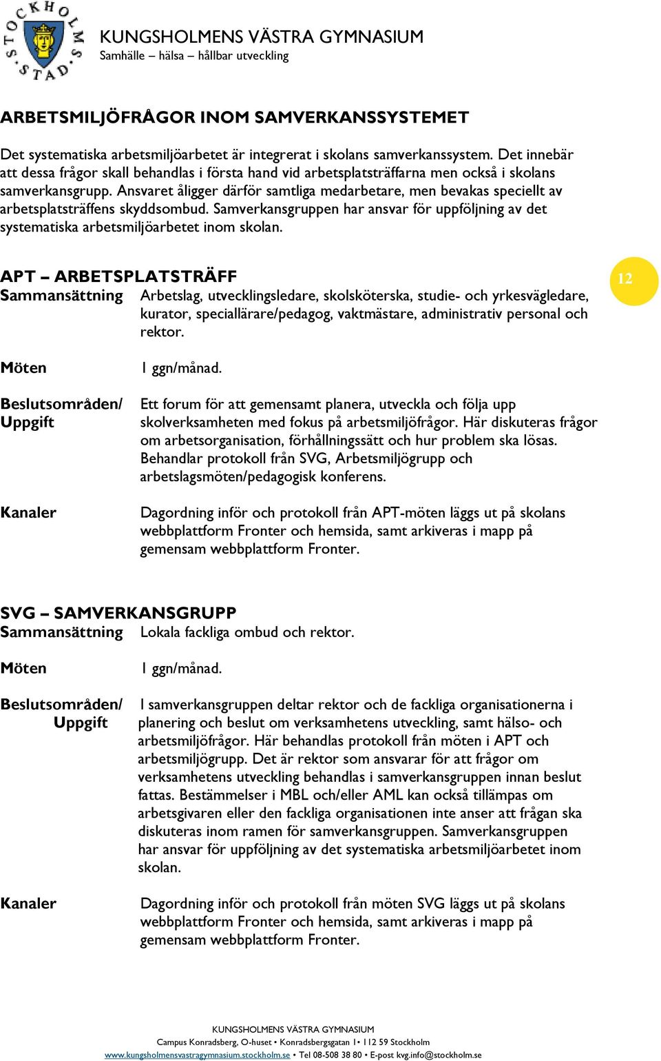 Ansvaret åligger därför samtliga medarbetare, men bevakas speciellt av arbetsplatsträffens skyddsombud. Samverkansgruppen har ansvar för uppföljning av det systematiska arbetsmiljöarbetet inom skolan.