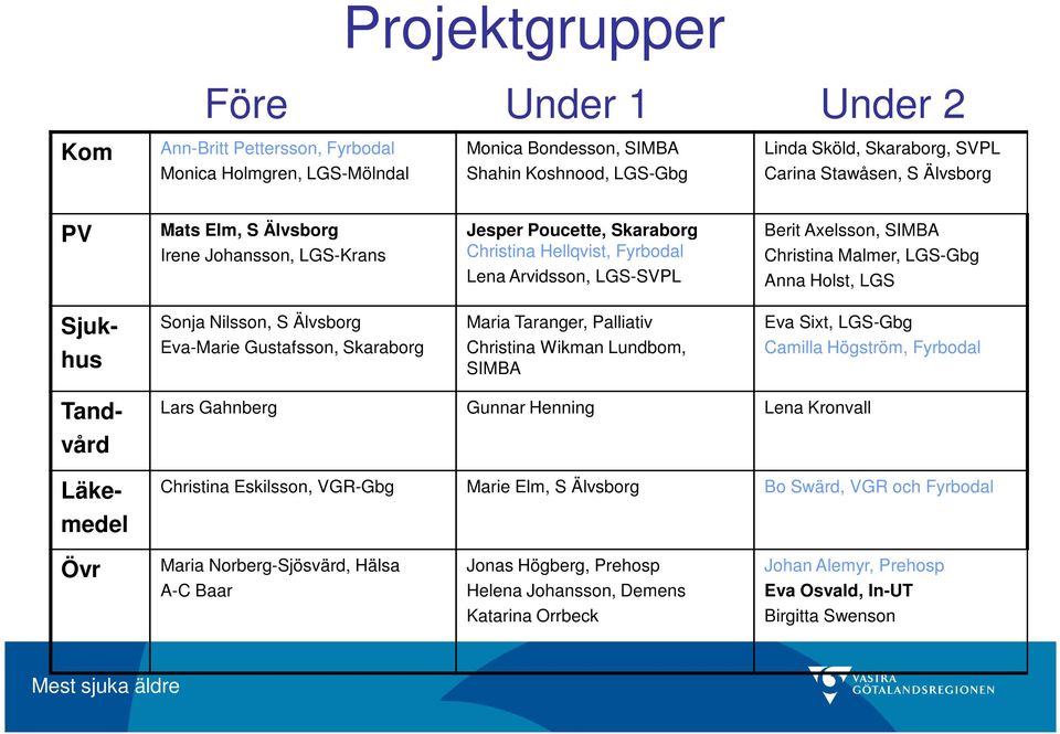 Holst, LGS Sjukhus Sonja Nilsson, S Älvsborg Eva-Marie Gustafsson, Skaraborg Maria Taranger, Palliativ Christina Wikman Lundbom, SIMBA Eva Sixt, LGS-Gbg Camilla Högström, Fyrbodal Tandvård Läkemedel