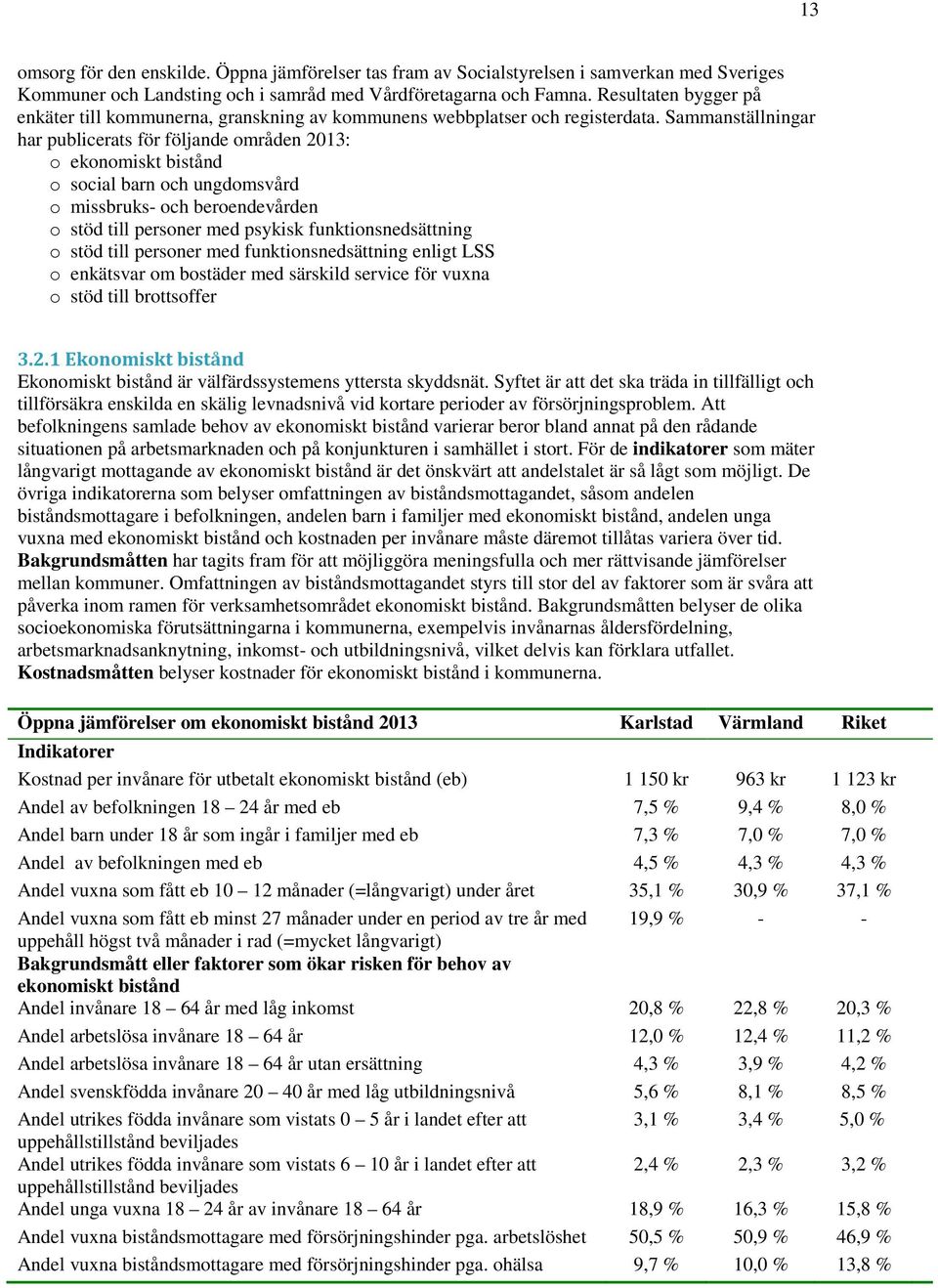 Sammanställningar har publicerats för följande områden 2013: o ekonomiskt bistånd o social barn och ungdomsvård o missbruks och beroendevården o stöd till personer med psykisk funktionsnedsättning o