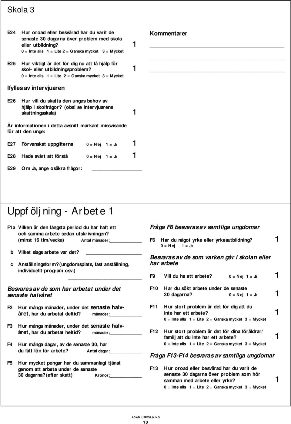 0 = Inte alls = Lite 2 = Ganska mycket 3 = Mycket Kommentarer _ Ifylles av intervjuaren E26 Hur vill du skatta den unges behov av hjälp i skolfrågor? (obs!