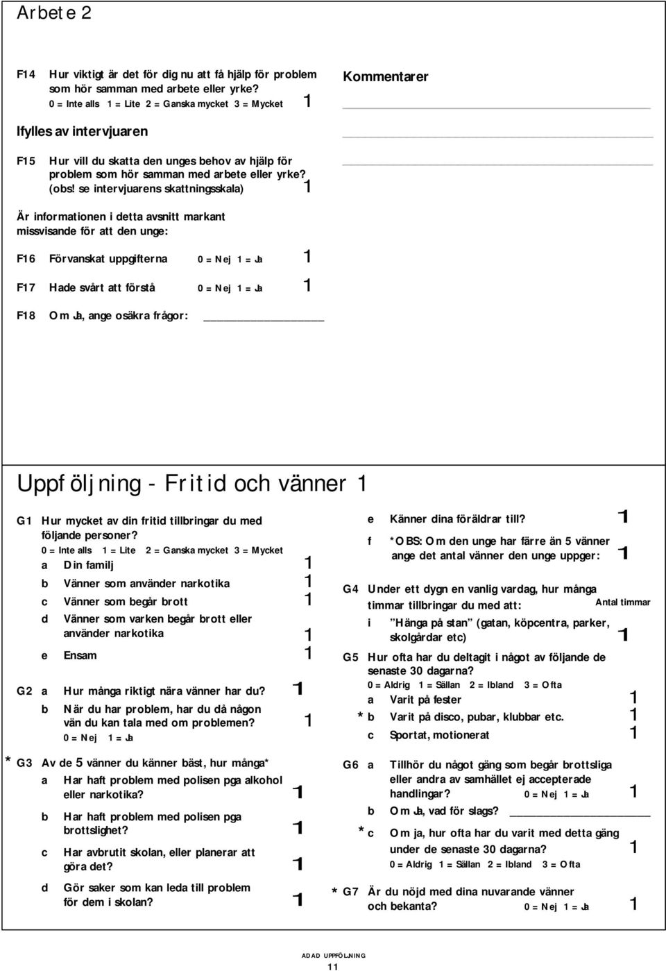 se intervjuarens skattningsskala) Kommentarer _ Är informationen i detta avsnitt markant missvisande för att den unge: F6 Förvanskat uppgifterna 0 = Nej = Ja F7 Hade svårt att förstå 0 = Nej = Ja F8