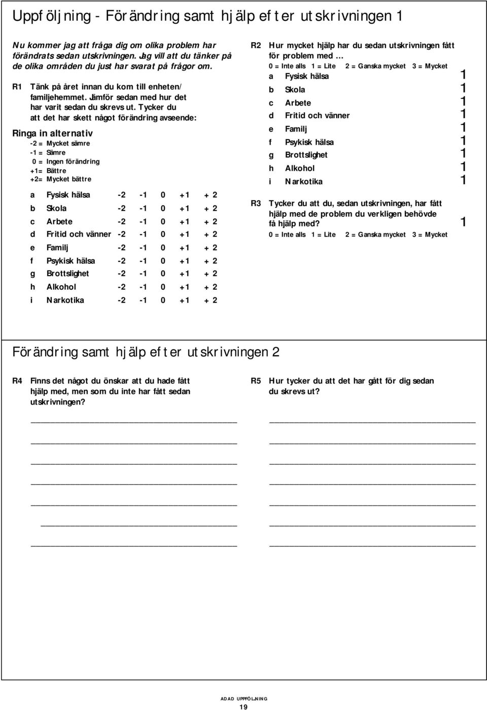 Tycker du att det har skett något förändring avseende: Ringa in alternativ -2 = Mycket sämre - = Sämre 0 = Ingen förändring += Bättre +2= Mycket bättre a Fysisk hälsa -2-0 + + 2 b Skola -2-0 + + 2 c