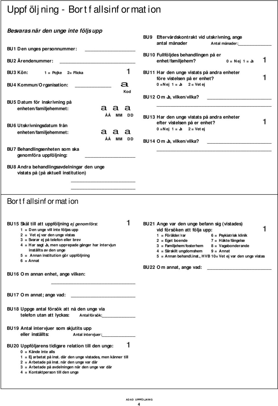 utskrivning, ange antal månader ntal månader: BU0 Fullföljdes behandlingen på er enhet/familjehem? 0 = Nej = Ja BU Har den unge vistats på andra enheter före vistelsen på er enhet?