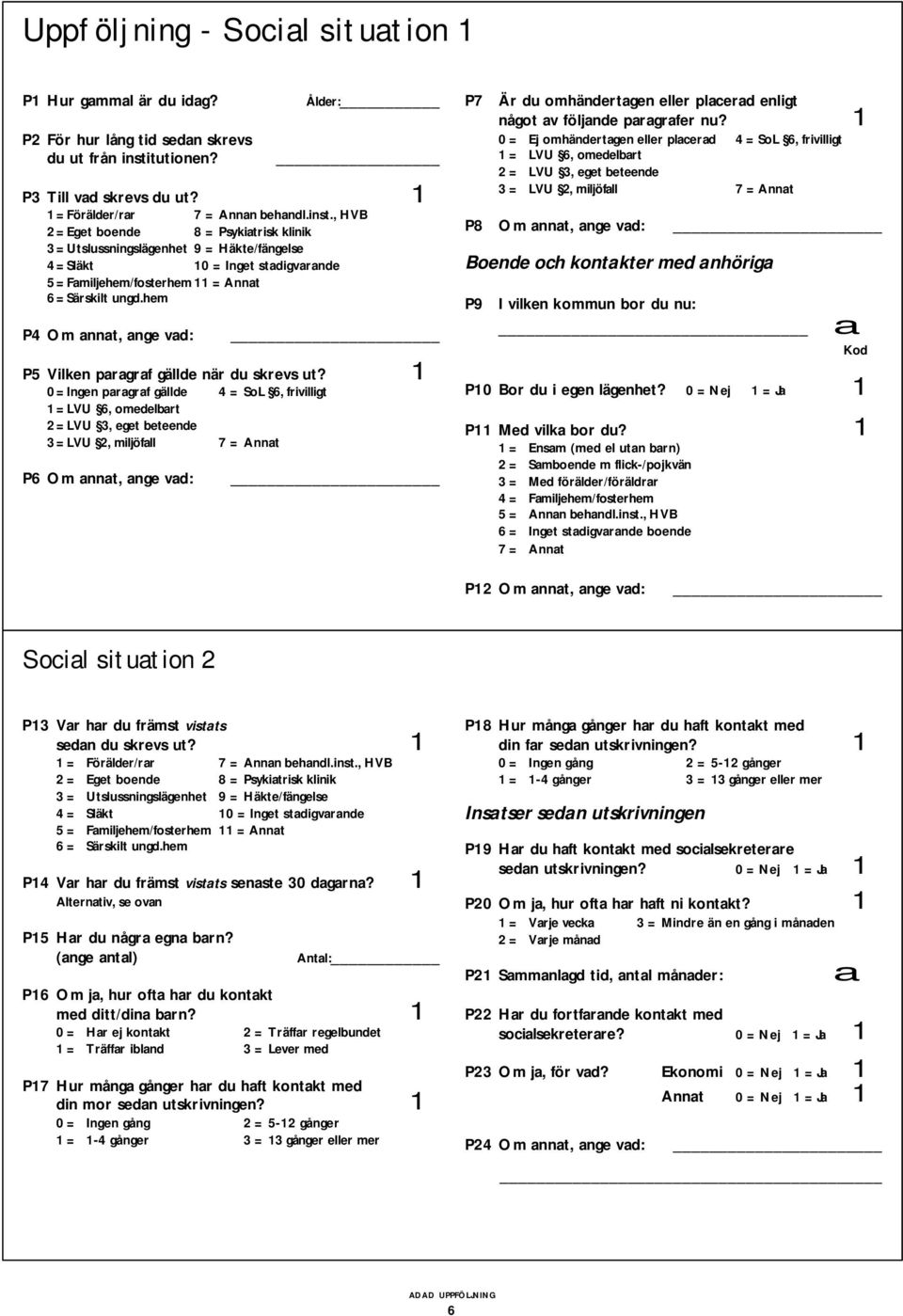 , HVB 2= Eget boende 8 = Psykiatrisk klinik 3= Utslussningslägenhet 9 = Häkte/fängelse 4= Släkt 0 = Inget stadigvarande 5= Familjehem/fosterhem = nnat 6= Särskilt ungd.