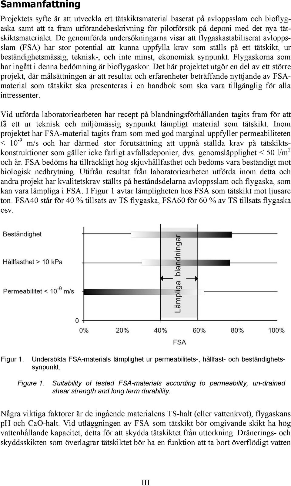 De genomförda undersökningarna visar att flygaskastabiliserat avloppsslam (FSA) har stor potential att kunna uppfylla krav som ställs på ett tätskikt, ur beständighetsmässig, teknisk-, och inte