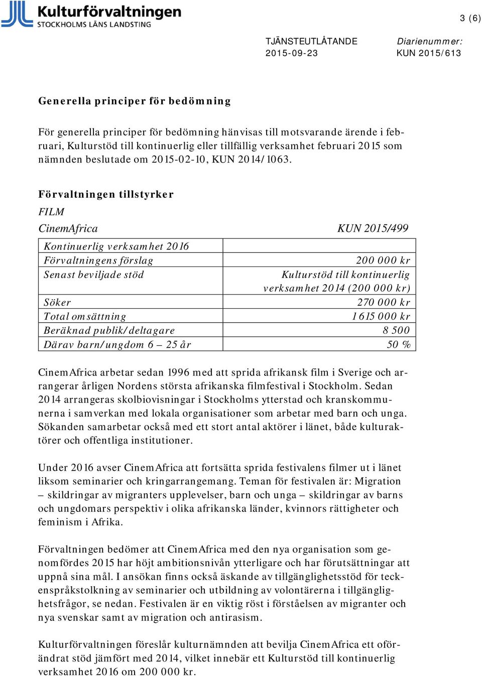 Förvaltningen tillstyrker FILM CinemAfrica KUN 2015/499 Kontinuerlig verksamhet 2016 Förvaltningens förslag Senast beviljade stöd Kulturstöd till kontinuerlig verksamhet 2014 () Söker 270 000 kr