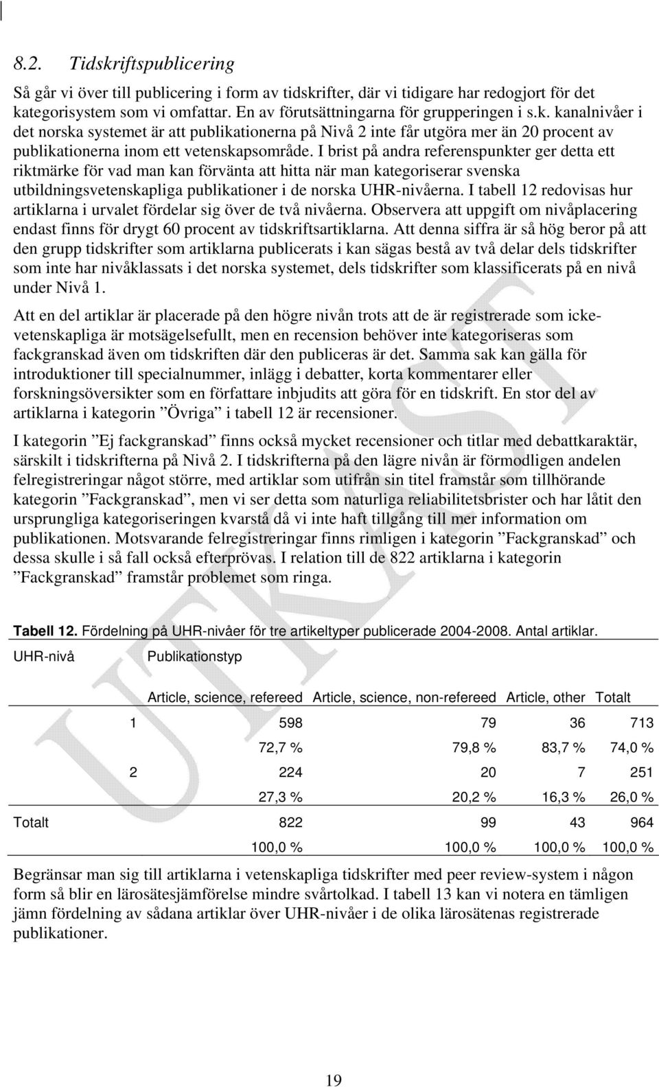 I tabell 12 redovisas hur artiklarna i urvalet fördelar sig över de två nivåerna. Observera att uppgift om nivåplacering endast finns för drygt 60 procent av tidskriftsartiklarna.