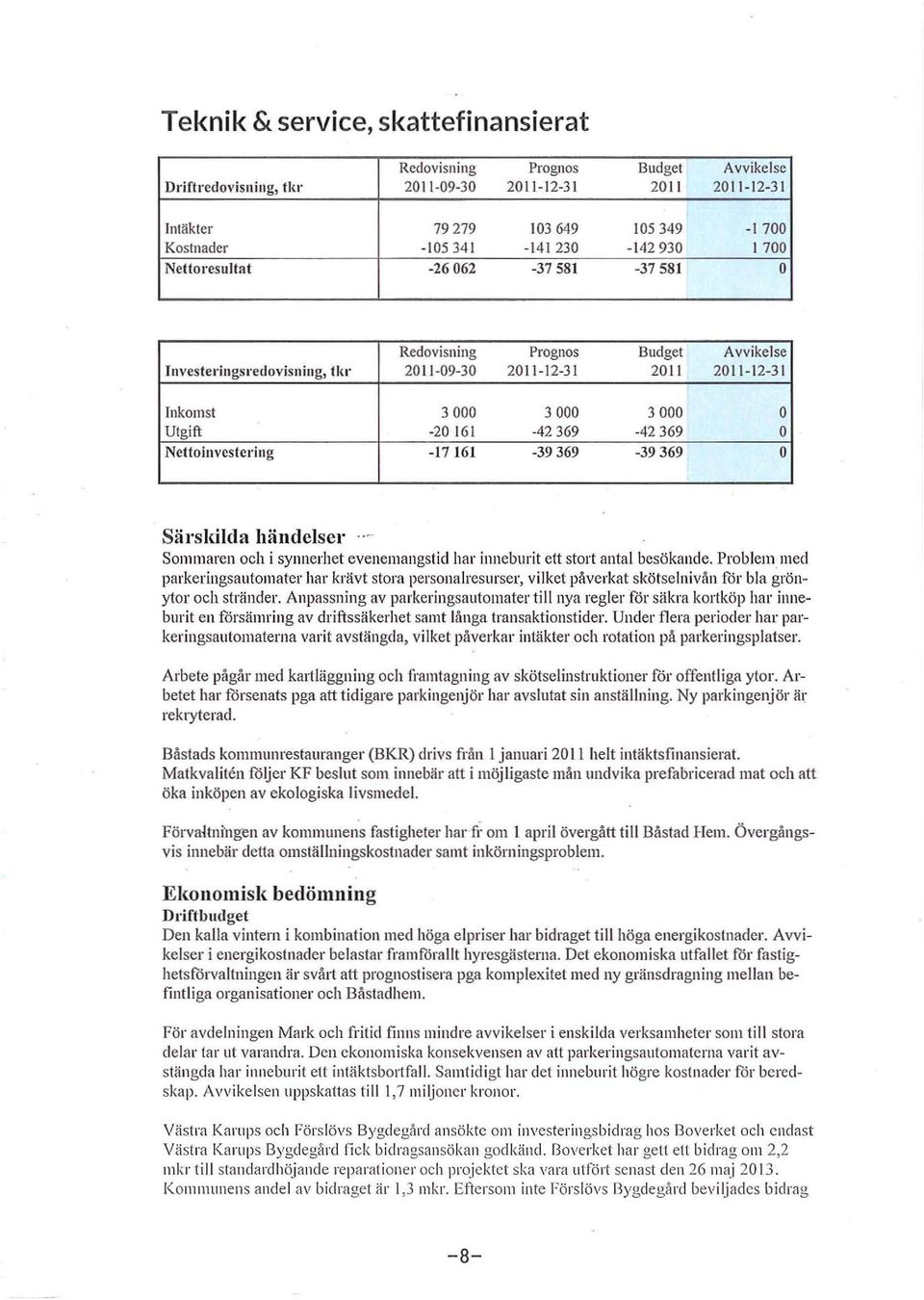 Nettinvestering -17 161-39369 -39369 O SärsIdIda händelser --- Smmaren ch i synnerhet evenemangstid har inneburit ett strt antal besökande.