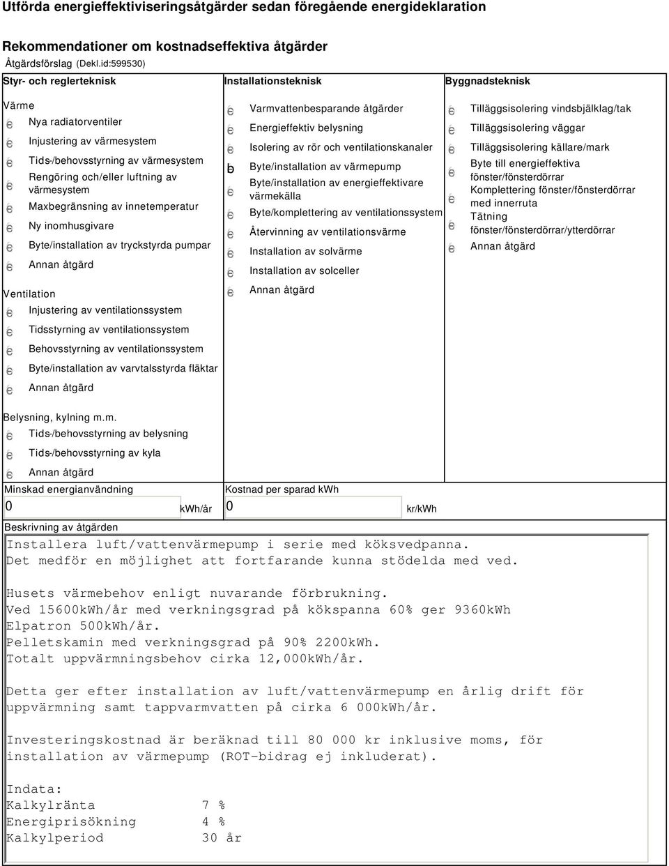 värmesystem Maxbegränsning av innetemperatur Ny inomhusgivare Byte/installation av tryckstyrda pumpar Ventilation Injustering av ventilationssystem Tidsstyrning av ventilationssystem Behovsstyrning