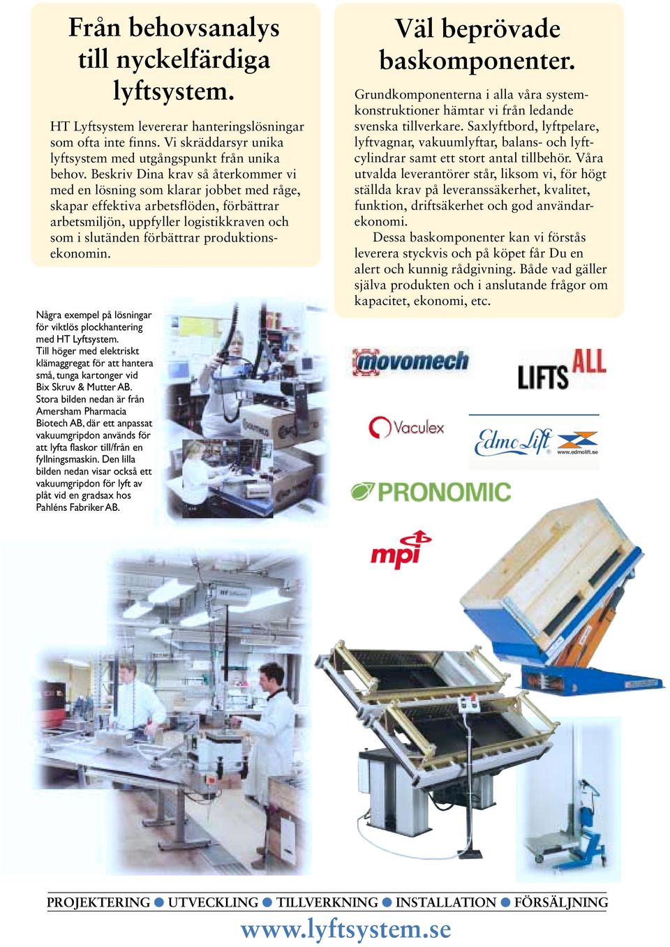 produktionsekonomin. Några exempel på lösningar för viktlös plockhantering med HT Lyftsystem. Till höger med elektriskt klämaggregat för att hantera små, tunga kartonger vid Bix Skruv & Mutter AB.