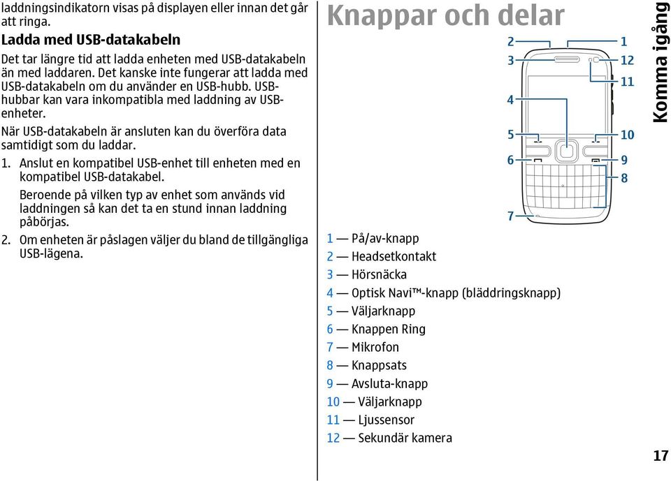 När USB-datakabeln är ansluten kan du överföra data samtidigt som du laddar. 1. Anslut en kompatibel USB-enhet till enheten med en kompatibel USB-datakabel.