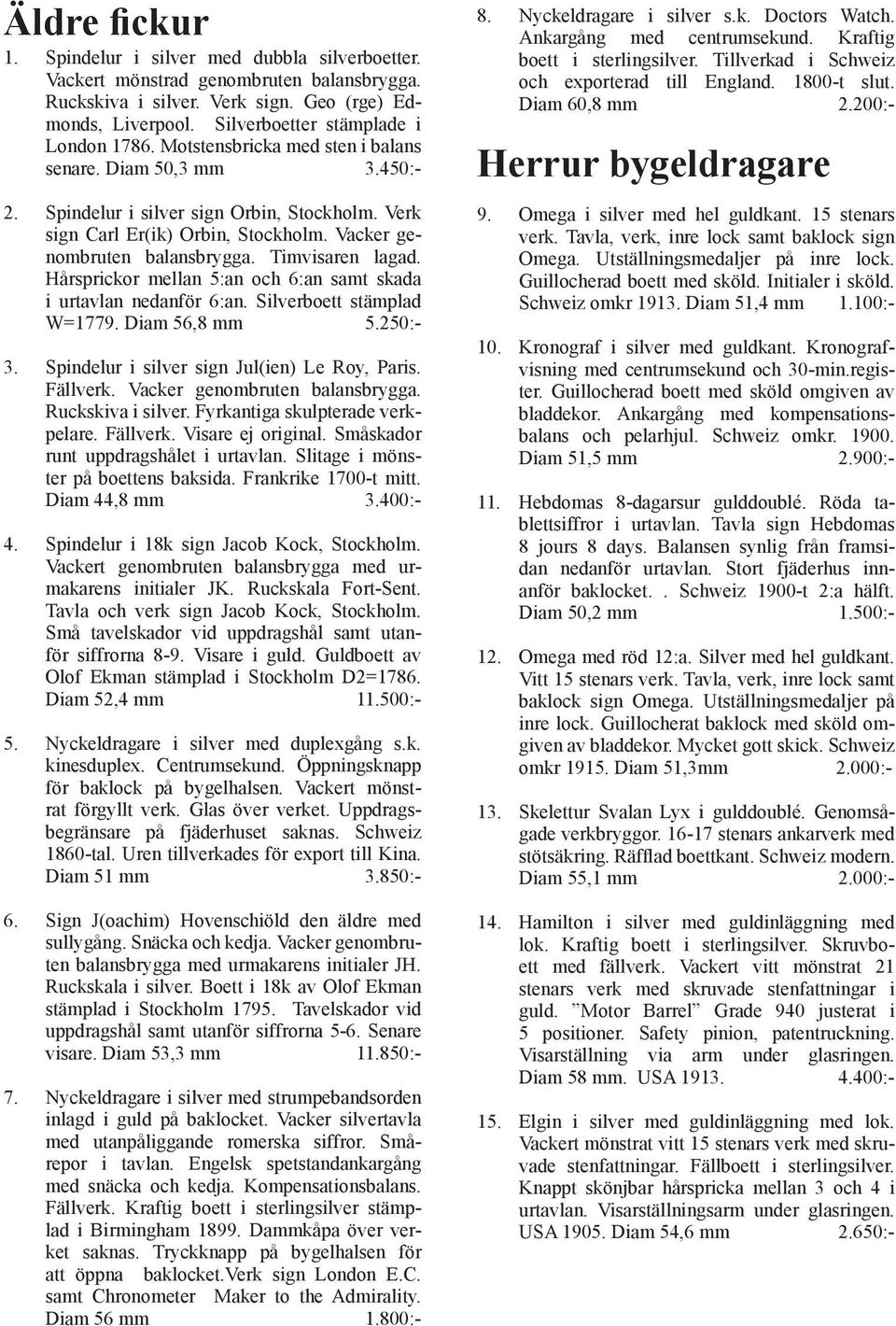 Vacker genombruten balansbrygga. Timvisaren lagad. Hårsprickor mellan 5:an och 6:an samt skada i urtavlan nedanför 6:an. Silverboett stämplad W=1779. Diam 56,8 mm 5.250:- 3.