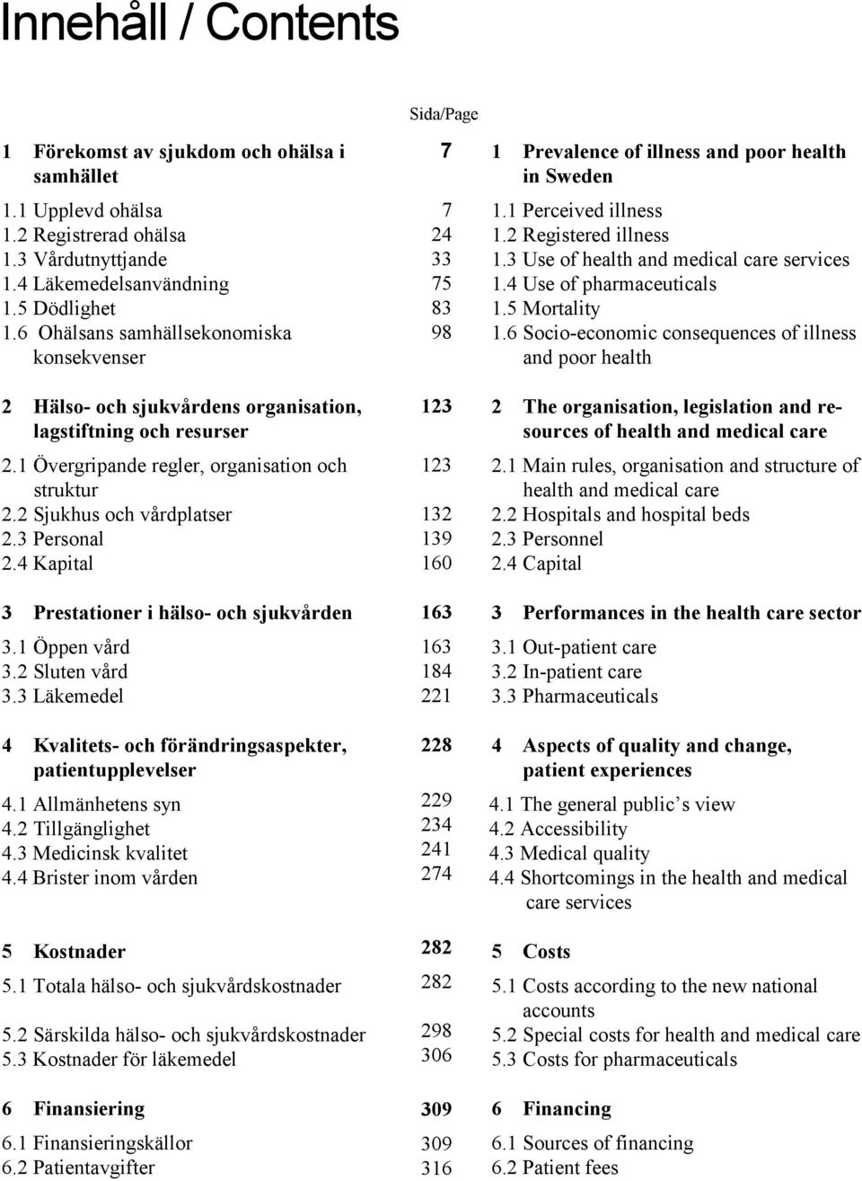 3 Personal 2.4 Kapital 3 Prestationer i hälso- och sjukvården 3.1 Öppen vård 3.2 Sluten vård 3.3 Läkemedel 4 Kvalitets- och förändringsaspekter, patientupplevelser 4.1 Allmänhetens syn 4.