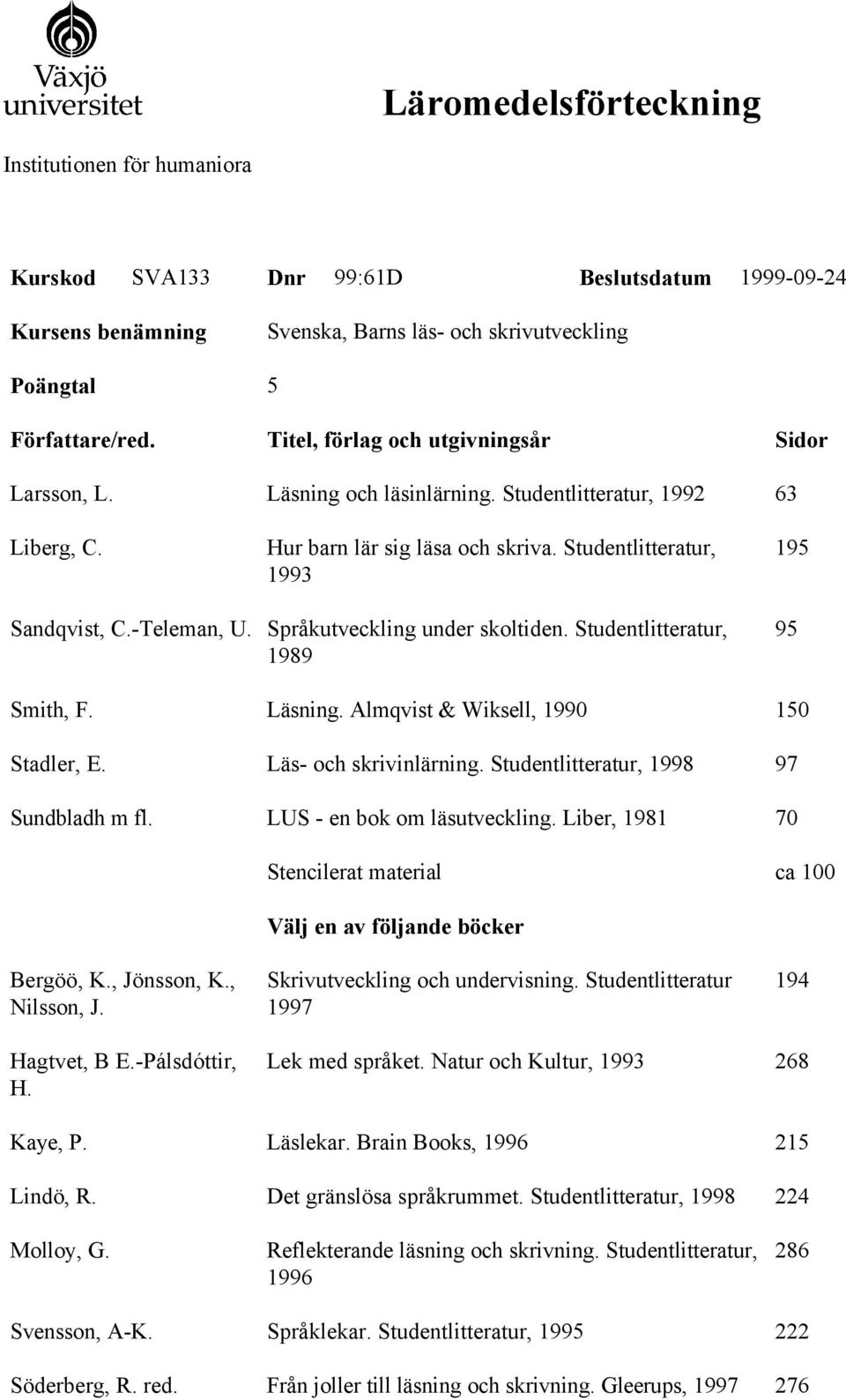 Almqvist & Wiksell, 1990 150 Stadler, E. Läs- och skrivinlärning. Studentlitteratur, 1998 97 Sundbladh m fl. LUS - en bok om läsutveckling.