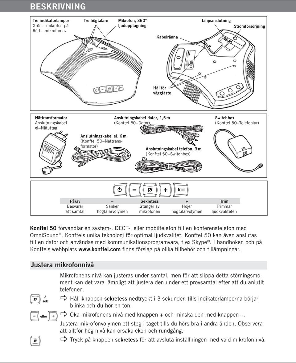 samtal Sänker högtalarvolymen Sekretess Stänger av mikrofonen + Höjer högtalarvolymen Trim Trimmar ljudkvaliteten Konftel 50 förvandlar en system-, DECT-, eller mobiltelefon till en konferenstelefon