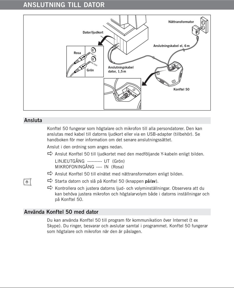Anslut i den ordning som anges nedan. apple Anslut Konftel 50 till ljudkortet med den medföljande Y-kabeln enligt bilden.