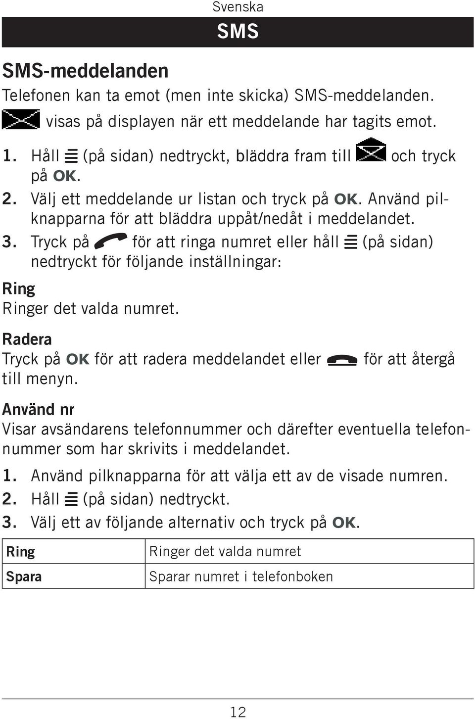 Tryck på q för att ringa numret eller håll w (på sidan) nedtryckt för följande inställningar: Ring Ringer det valda numret.