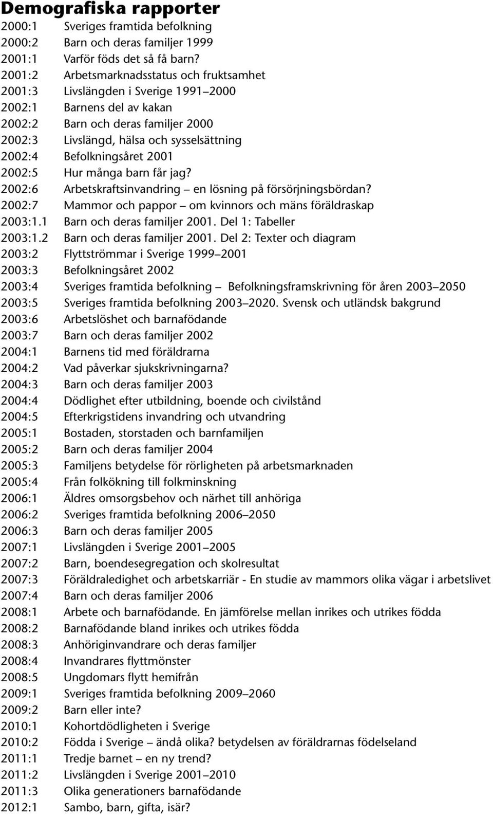 Befolkningsåret 2001 2002:5 Hur många barn får jag? 2002:6 Arbetskraftsinvandring en lösning på försörjningsbördan? 2002:7 Mammor och pappor om kvinnors och mäns föräldraskap 2003:1.