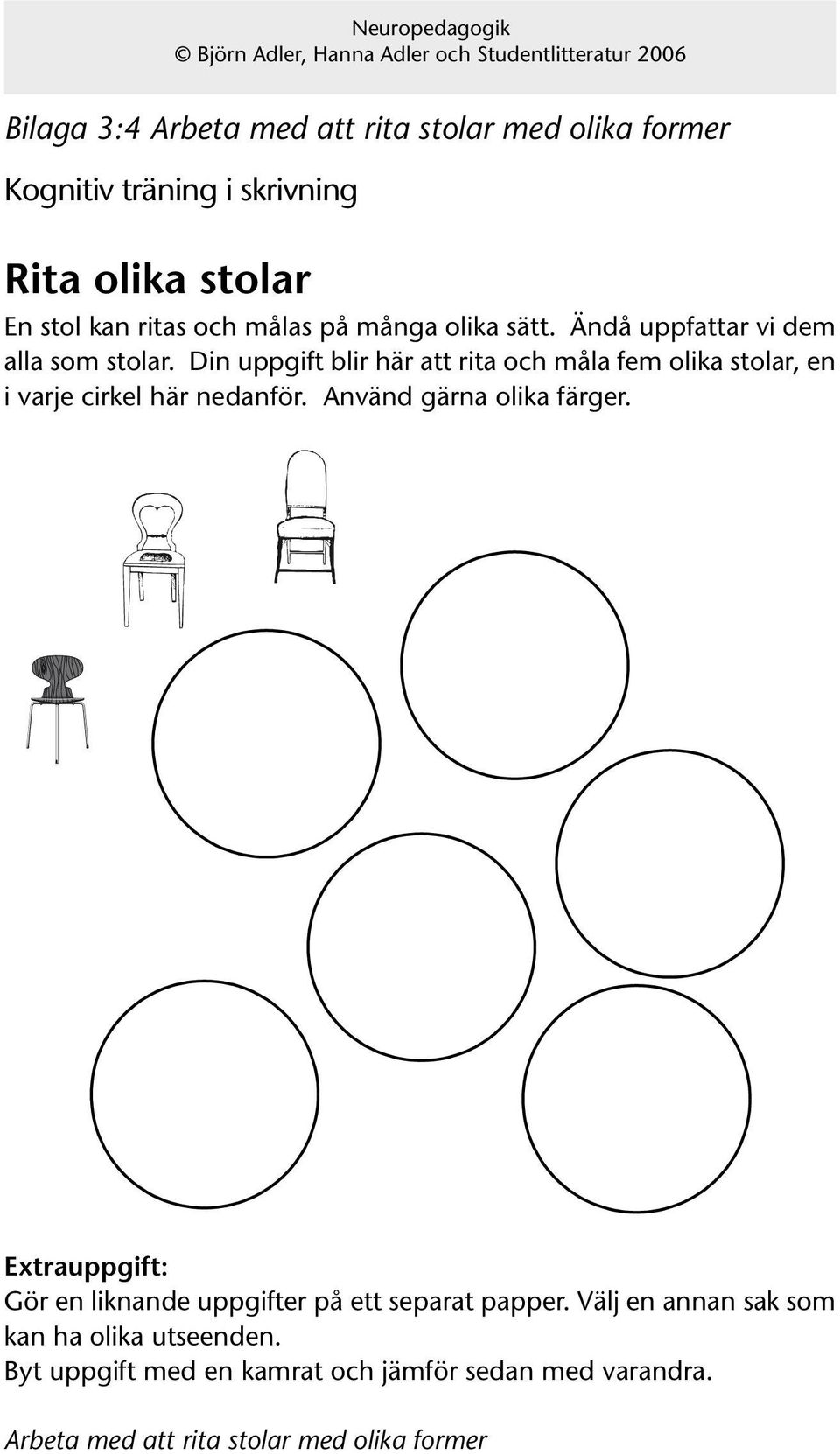 Din uppgift blir här att rita och måla fem olika stolar, en i varje cirkel här nedanför. Använd gärna olika färger.