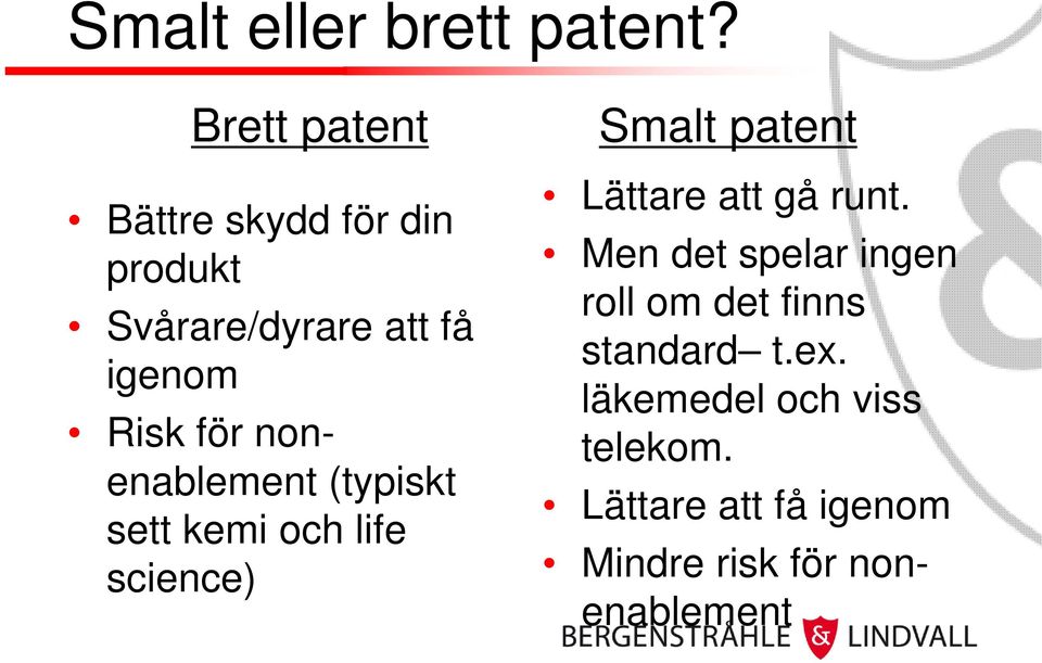 nonenablement (typiskt sett kemi och life science) Smalt patent Lättare att gå