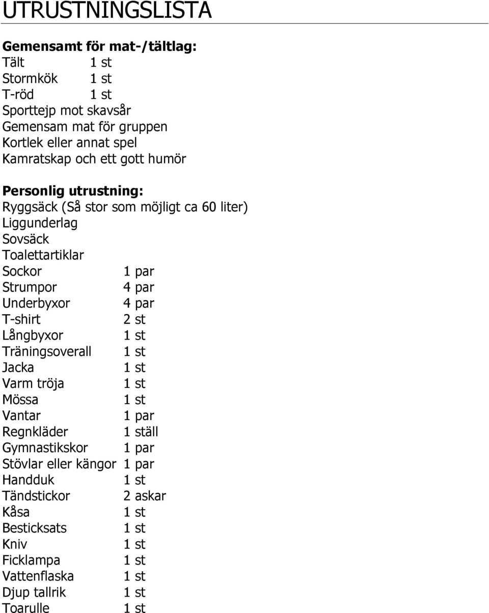 Sockor 1 par Strumpor 4 par Underbyxor 4 par T-shirt 2 st Långbyxor Träningsoverall Jacka Varm tröja Mössa Vantar 1 par Regnkläder äll