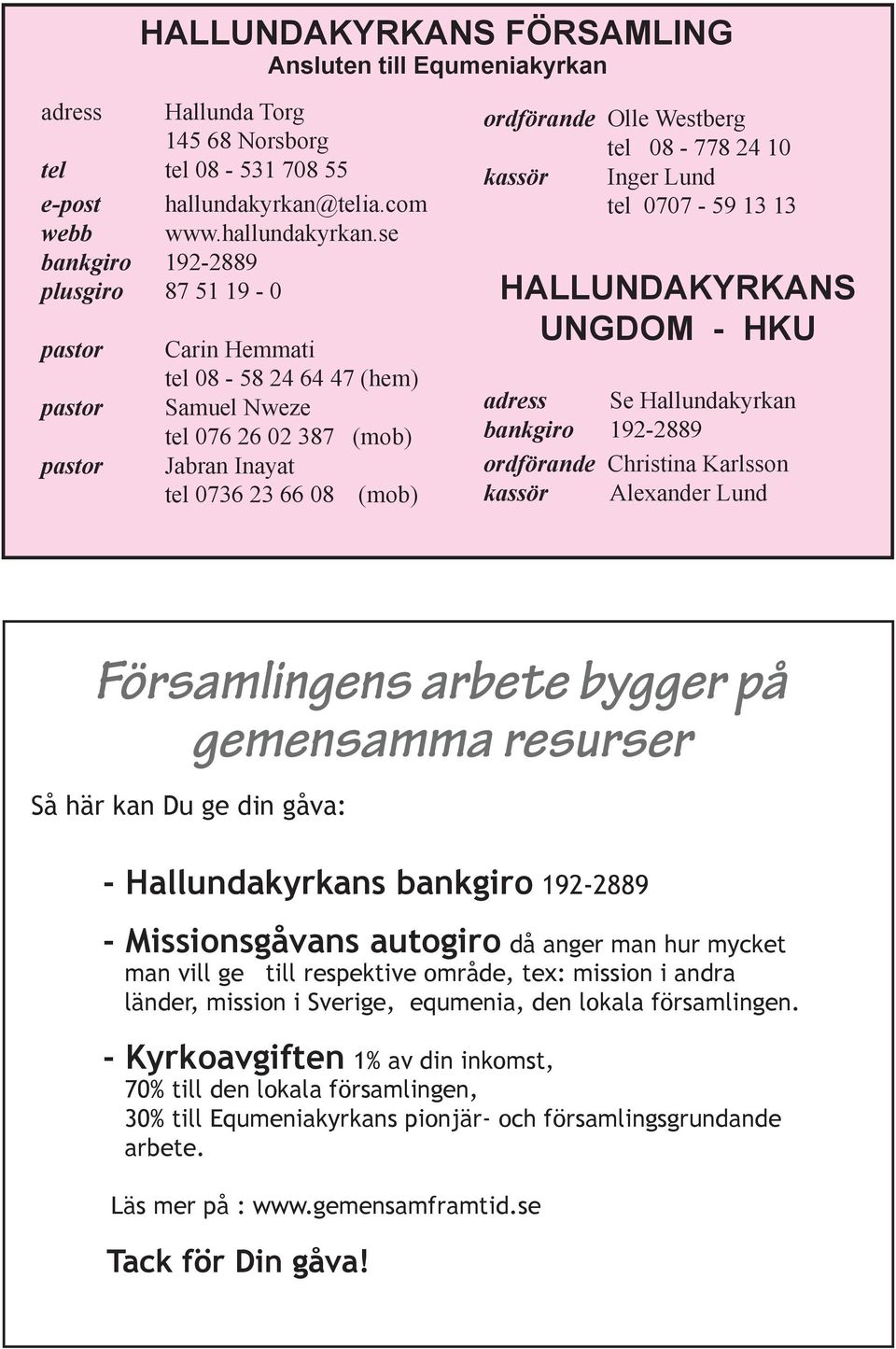 se bankgiro 192-2889 plusgiro 87 51 19-0 pastor pastor pastor Carin Hemmati tel 08-58 24 64 47 (hem) Samuel Nweze tel 076 26 02 387 (mob) Jabran Inayat tel 0736 23 66 08 (mob) ordförande Olle