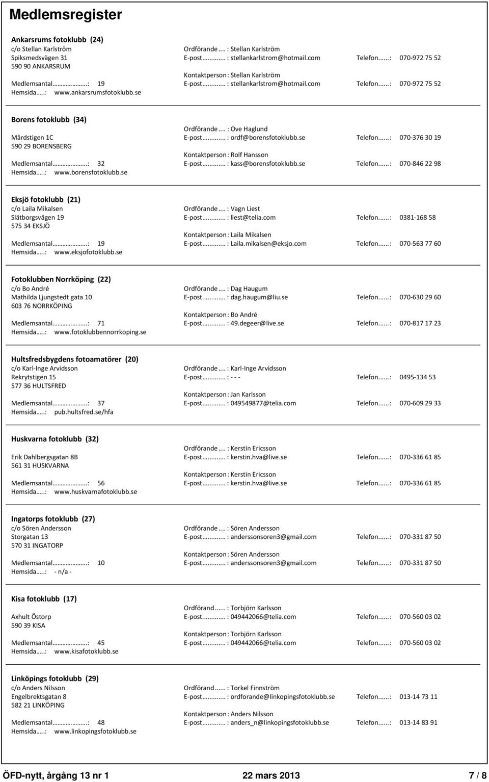se Borens fotoklubb (34) Ordförande...: Ove Haglund Mårdstigen 1C E-post...: ordf@borensfotoklubb.se Telefon...: 070-3763019 59029 BORENSBERG Kontaktperson: Rolf Hansson Medlemsantal...: 32 E-post.