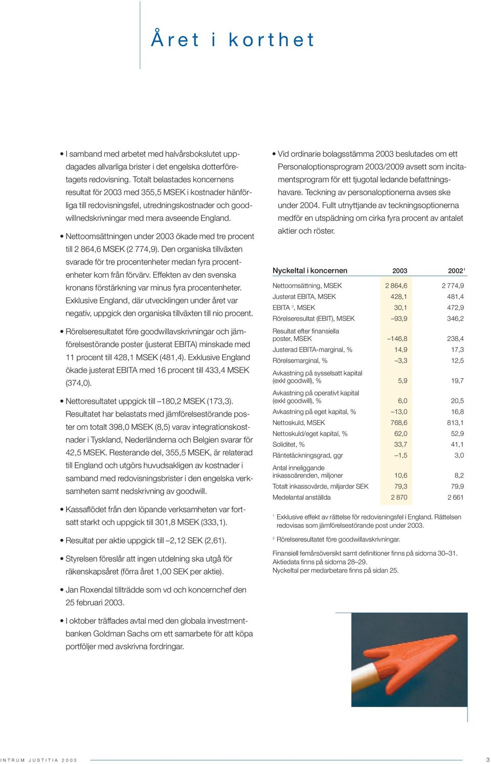 Nettoomsättningen under 2003 ökade med tre procent till 2 864,6 MSEK (2 774,9). Den organiska tillväxten svarade för tre procentenheter medan fyra procentenheter kom från förvärv.