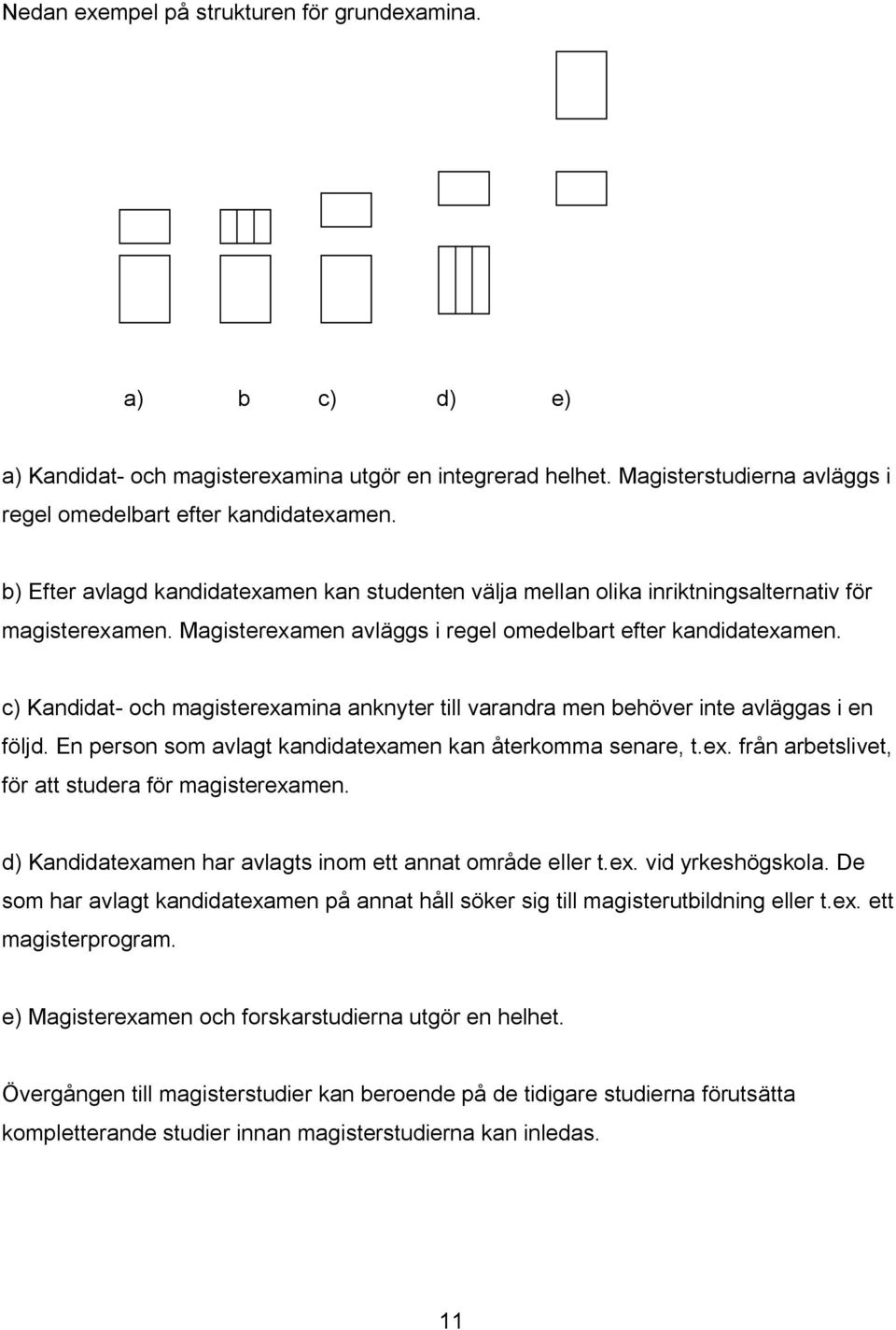 c) Kandidat och magisterexamina anknyter till varandra men behöver inte avläggas i en följd. En person som avlagt kandidatexamen kan återkomma senare, t.ex. från arbetslivet, för att studera för magisterexamen.