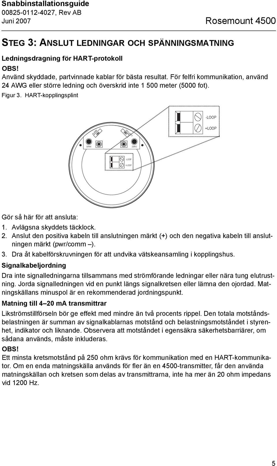 HART-kopplingsplint -LOOP ALARM SECURITY +LOOP SPAN ZERO -LOOP +LOOP Gör så här för att ansluta: 1. Avlägsna skyddets täcklock. 2.