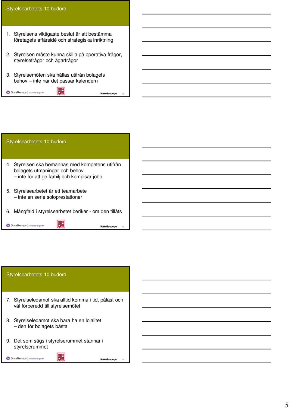 Styrelsen ska bemannas med kompetens utifrån bolagets utmaningar och behov inte för att ge familj och kompisar jobb 5. Styrelsearbetet är ett teamarbete inte en serie soloprestationer 6.