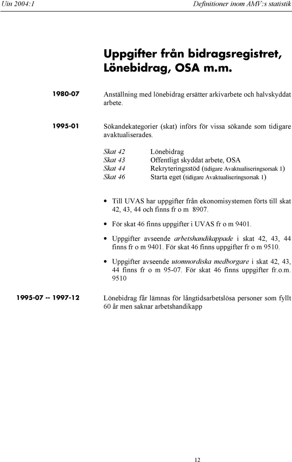 Skat 42 Lönebidrag Skat 43 Offentligt skyddat arbete, OSA Skat 44 Rekryteringsstöd (tidigare Avaktualiseringsorsak 1) Skat 46 Starta eget (tidigare Avaktualiseringsorsak 1) Till UVAS har uppgifter