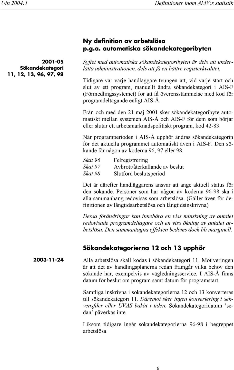 arbetslösa p.g.a. automatiska sökandekategoribyten 2001-05 Sökandekategori 11, 12, 13, 96, 97, 98 Syftet med automatiska sökandekategoribyten är dels att underlätta administrationen, dels att få en