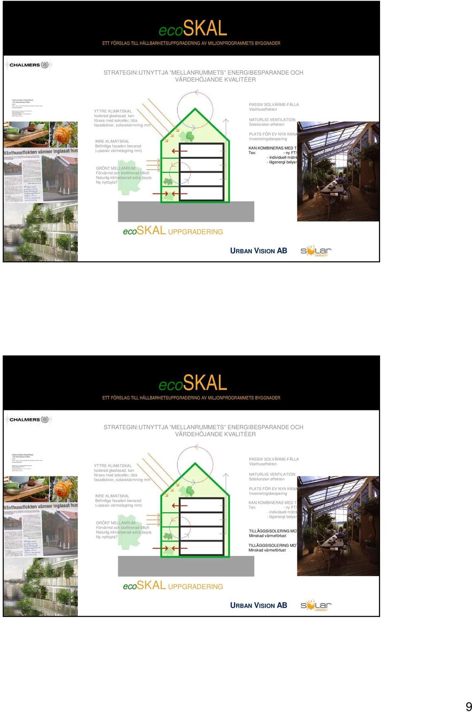 PASSIV SOLVÄRME-FÄLLA Växthuseffekten NATURLIG VENTILATION Solskorsten effekten PLATS FÖR EV NYA KANALDRAGNINGAR Investeringsbesparing KAN KOMBINERAS MED TEKNISK UPPGRADERING: Tex: - ny FTX med