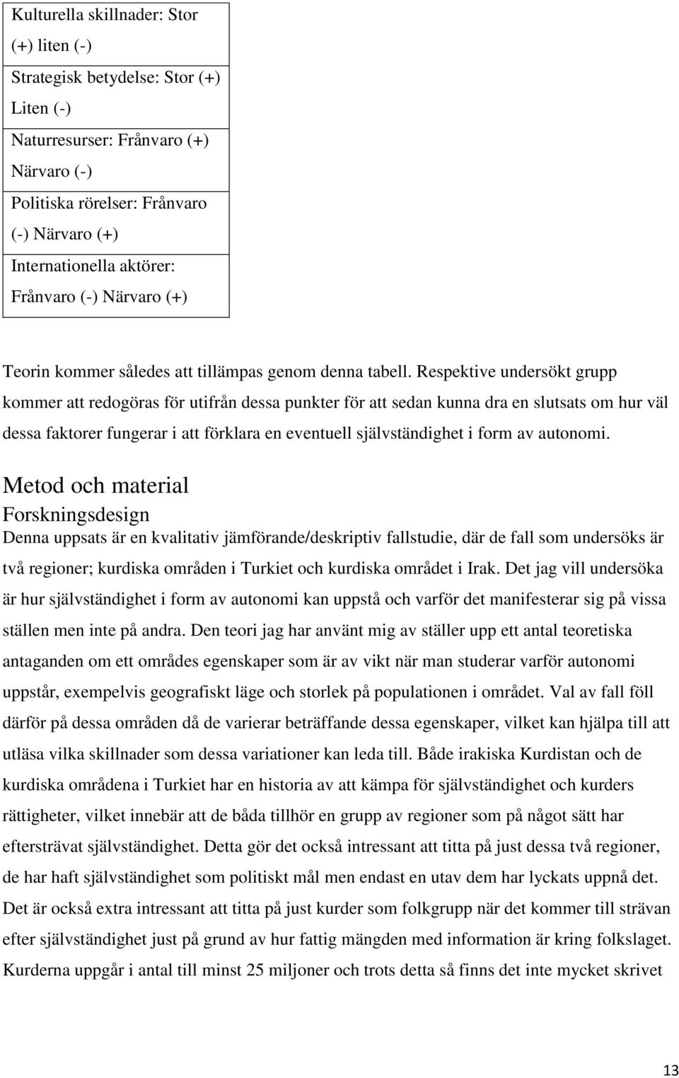 Respektive undersökt grupp kommer att redogöras för utifrån dessa punkter för att sedan kunna dra en slutsats om hur väl dessa faktorer fungerar i att förklara en eventuell självständighet i form av