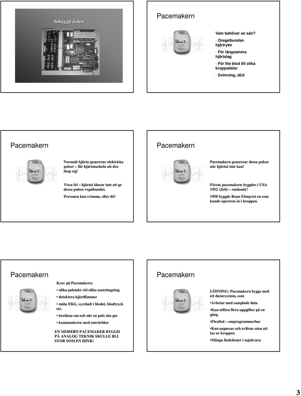 genererar dessa pulser när hjärtat inte kan! Vissa fel hjärtat klarar inte att ge dessa pulser regelbundet. Personen kan svimma, eller dö! Första pacemakern byggdes i USA 1952 (Zoll( Zoll) stationär!